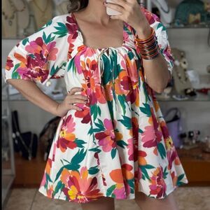 NWOT Peach Love California Oversized Puffed Sleeve Floral Multicolor Romper
